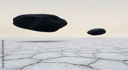 Floating Monoliths Above Cracked Salt Terrain