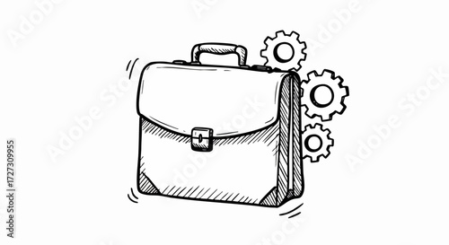 Hand Drawn Briefcase with Gears on White Background