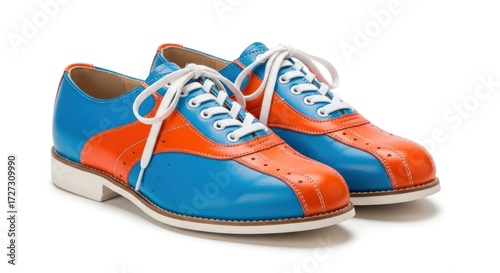 A pair of vibrant blue and orange bowling shoes with white laces, presented on a clean white background.