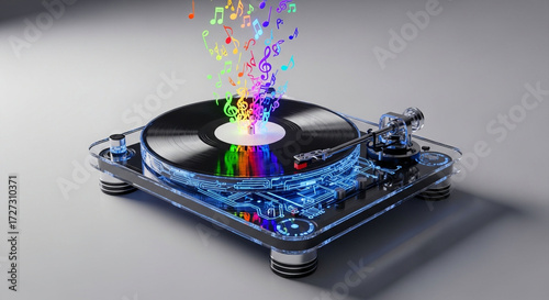 A transparent turntable with colorful musical notes floating above it, isolated on white background, showcasing a blend of modern design and musical expression