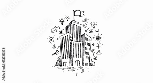 Hand Drawn Black Buildings with Business Doodles on White