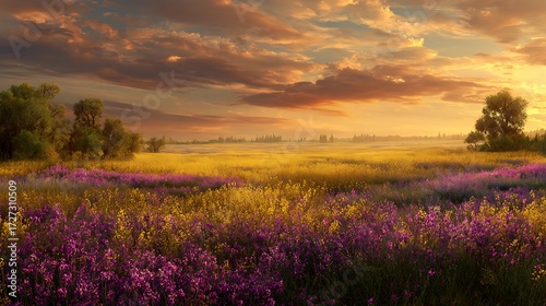 Peaceful sunset behind flower field glowing warmly
