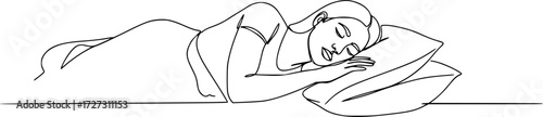 Continuous single line sketch drawing of woman sleeping on pillow bed one line lifestyle vector, Woman home sleep relax relax calm tired one line art design vector. 
