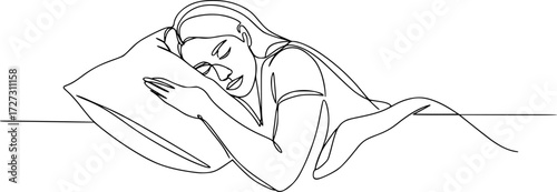 Continuous single line sketch drawing of woman sleeping on pillow bed one line lifestyle vector, Woman home sleep relax relax calm tired one line art design vector. 