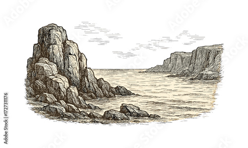 Antique rocky coastline illustration for vintage design and art projects