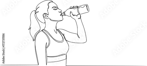 Continuous one line drawing of woman drinking water from the bottle, woman drinking water from bottle continuous one line drawing after sport exercise.