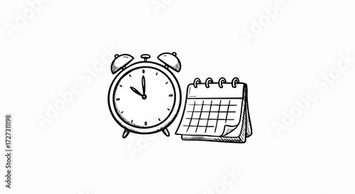 Sketch of Alarm Clock and Calendar on White Background