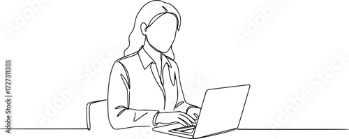 Continuous one single line drawing Happy professional young business woman using laptop, Professional young business woman using digital mobile phone tablet laptop work.