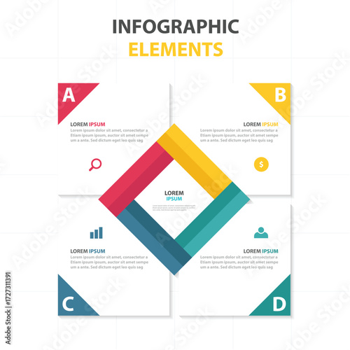 Colorful infographic template with four sections and a central diamond shape for presenting information