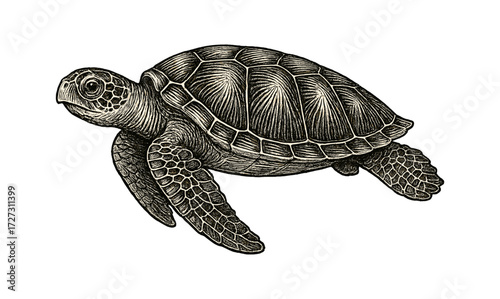 Intricately detailed engraved sea turtle on a minimalistic background for nature art and design inspiration