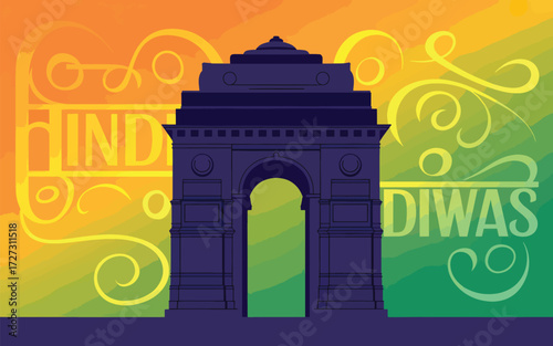 India Gate monument with Hindi text and swirly 
