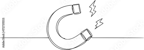 One continuous line drawing horseshoe Magnet drawing, Horse shoe magnet cartoon isolated, Continuous one line drawing of magnet. Client and talent attraction concept in simple linear style. 