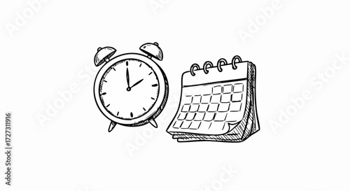 Drawn Alarm Clock and Calendar Illustration on White Background