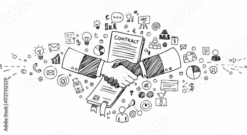 Handshake Graphic with Black Line Icons on White Background