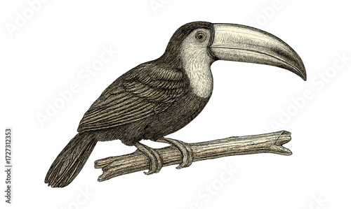Vintage toucan illustration on branch for nature design and art projects
