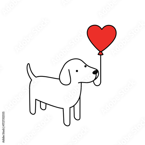 Cute dog holding a red heart balloon in a playful stance  