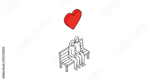 Couple on a date sits on a bench with a heart symbol above them