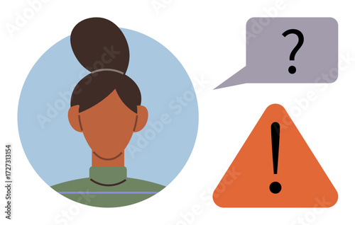 Woman avatar in profile circle, speech bubble with question mark, and orange triangle with exclamation. Ideal for communication, decision-making, uncertainty, caution, risk, warning