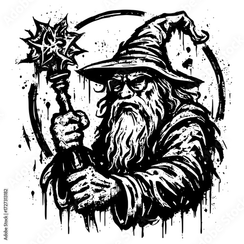 Mystical wizard with staff graffiti artwork brings magic, mystery and fantasy to your next project