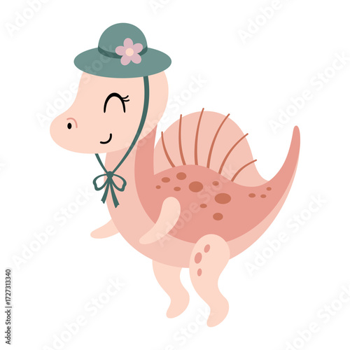 Pink spinosaurus dinosaur girl clipart, isolated cartoon jurassic character. Vector illustration
