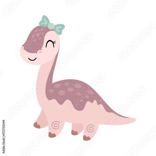Cartoon dinosaur girl clipart in pastel colors, cute isolated jurassic character. Vector illustration