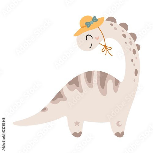 Cartoon dinosaur girl clipart in pastel color, cute isolated jurassic character. Vector illustration