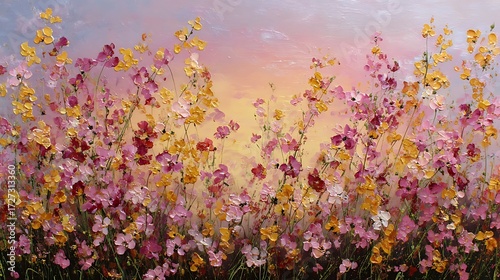 Sunset sky painting garden flowers in shades of gold and pink
