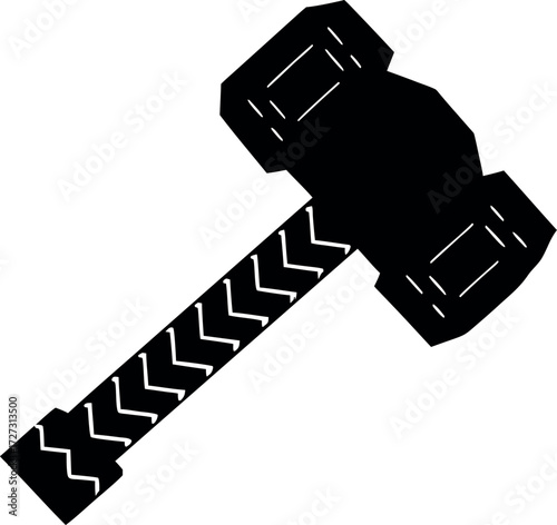 Thor hammer silhouette vector illustration, Mythology thunder hammer icon, Black hammer design