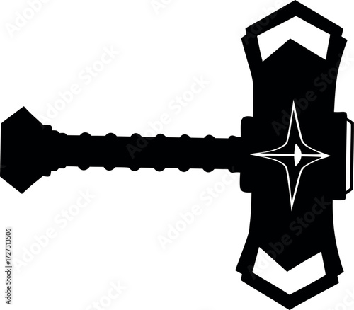 Magic hammer silhouette vector, Thor’s power weapon icon, Black isolated hammer illustration