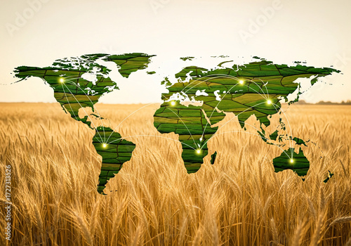 An artistic world map superimposed onto a vast wheat field. 