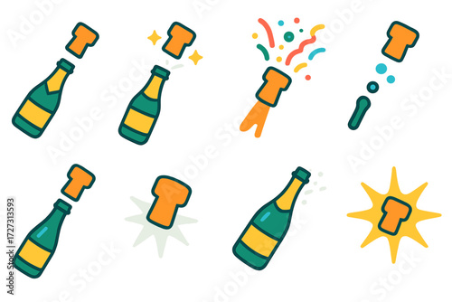 Champagne Celebration Icons. Cork Pop in modern flat vector : champagne bottle with cork flying, bottle with popping cork and sparkles, cork bursting