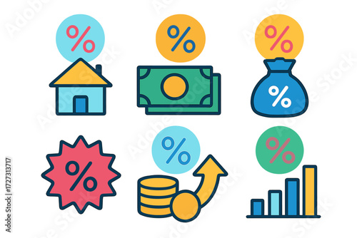 Financial Percent Icons. Finance Percent in modern flat vector : interest rate icon, loan percent, tax percent, savings percent, discount percent,