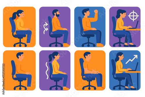 Ergonomic Chair Icons. Health & Productivity in modern flat vector : ergonomic chair with comfort, ergonomic chair with back relief, ergonomic chair