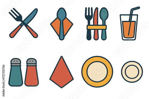 Modern Dining Icons. Dining Essentials in modern flat vector : fork and knife crossed, spoon with napkin, cutlery bundle, glass with straw, salt and