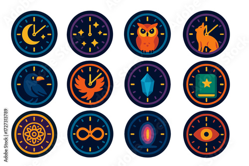 Mystical Clock Icons. Mystical Twelve O’Clock in modern flat vector : clock with moon, clock with stars, clock with owl, clock with wolf, clock with