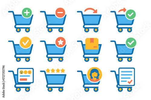 Modern Checkout Journey Icons. Customer Journey Checkout in modern flat vector : cart with plus sign, cart with minus sign, cart with return arrow,
