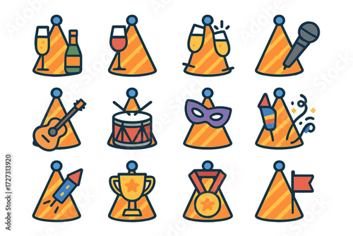 Festive Party Hat Icons. Celebration Party Hats set of icons in neo-flat style: hat with champagne, hat with wine glass, hat with clinking glasses,