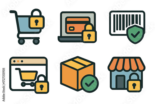 E-commerce Security Icons. E-commerce Security set of icons in neo-flat style: shopping cart with lock, laptop with secure payment, barcode with