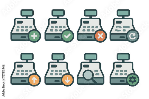 Cash Register Icons. Cash Register Actions set of icons in neo-flat style: cash register with plus sign, cash register with checkmark, cash register