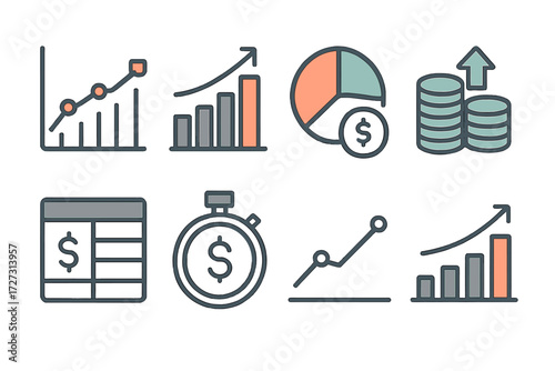 Neo-Flat Income Icons. Basic Income Trackers set of icons in neo-flat style: line graph with upward trend, bar chart with income bars, pie chart with