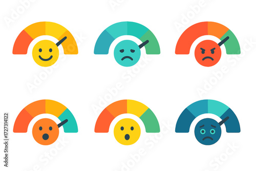 Vibrant Mood Meters. Emotional Range in modern flat vector : mood meter with happiness, mood meter with sadness, mood meter with anger, mood meter
