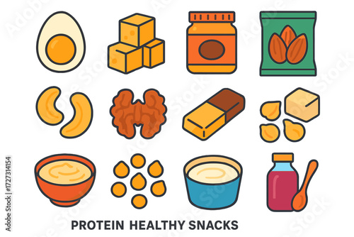 Protein Snack Icons. Protein Healthy Snacks in modern flat vector : boiled egg, cheese cube stack, peanut butter jar, almond pack, cashews, walnuts,