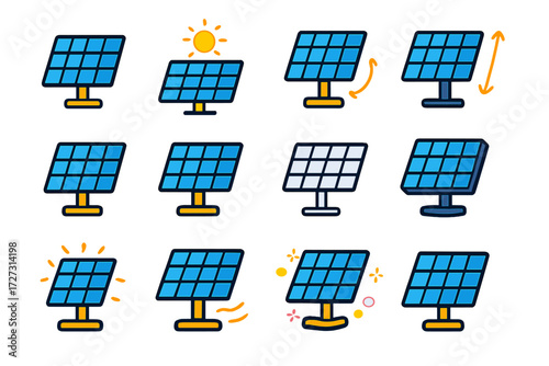 Vibrant Solar Tracker Designs. Solar Tracker Basics in modern flat vector : simple solar tracker, solar tracker with sun, solar tracker with arrows,