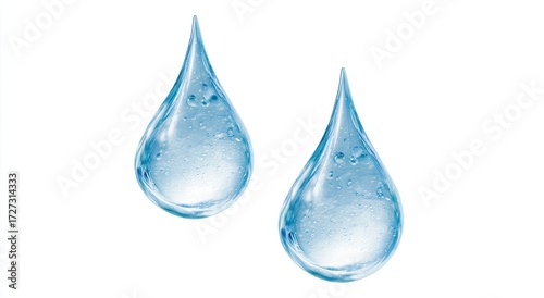 Two teardrop-shaped water droplets, translucent and light blue,  are shown against a pure white background.  They exhibit internal reflections and tiny bubbles