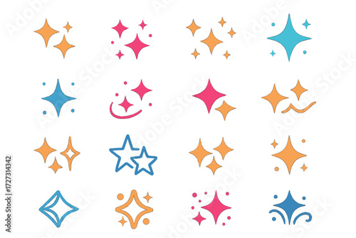 Glowing Sparkle Icons. Night Sparkles Basics in modern flat vector : glowing sparkles, clustered sparkles, scattered sparkles, starry sparkles, dotted