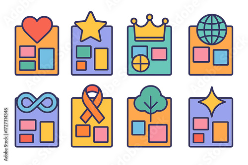 Colorful Vision Boards. Symbolic Vision Boards in modern flat vector : vision board with heart, vision board with star, vision board with crown,