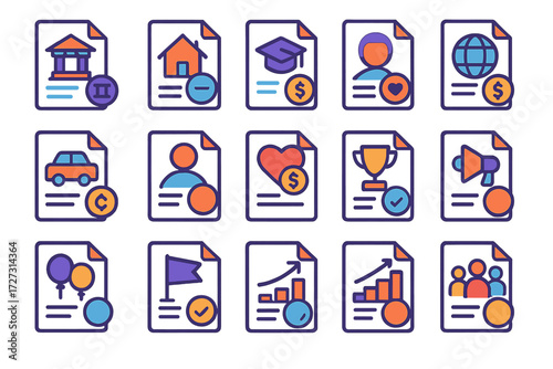 Colorful Loan Document Icons. Event Loan Documents in modern flat vector : bank loan document, mortgage loan document, student loan document, business