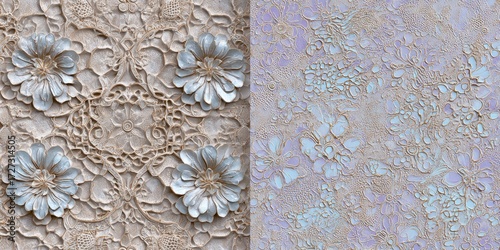 Two textured fabric designs featuring embossed floral patterns; one shows large, defined flowers within a lace-like framework, the other a more scattered, smaller floral design in pastel hues