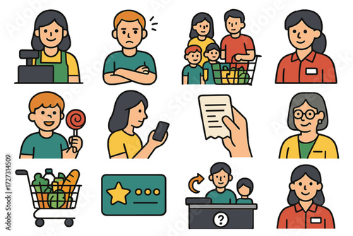 Customer Icons Set. Customer Experience set of icons in neo-flat style: smiling cashier, impatient customer, family at checkout, child with candy,