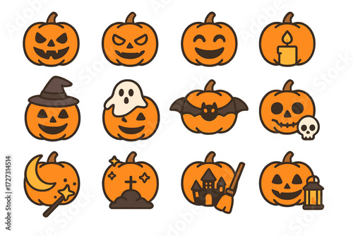 Halloween Pumpkin Icons. Halloween Pumpkins set of icons in neo-flat style: carved pumpkin face, pumpkin with scary eyes, pumpkin with smile face,